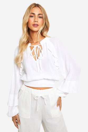 Womens Cotton Ruffle Long Sleeve Top - - 12 - boohoo - Modalova