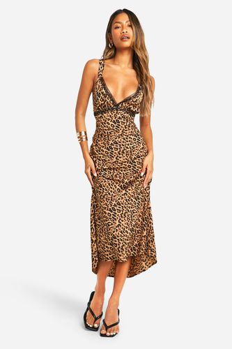 Womens Leopard V Neck Lace Trim Midaxi Slip Dress - - 18 - boohoo - Modalova