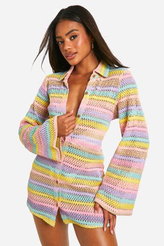 Womens Rainbow Stripe Crochet Beach Shirt - - M - boohoo - Modalova