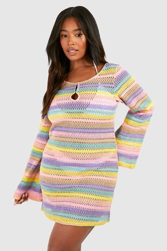 Womens Plus Rainbow Stripe Crochet Beach Dress - - 16 - boohoo - Modalova