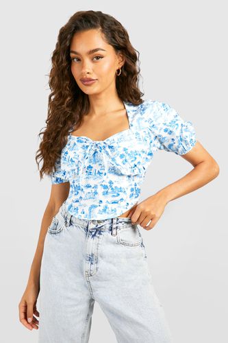 Womens Porcelain Landscape Puff Sleeve Corset - - 10 - boohoo - Modalova