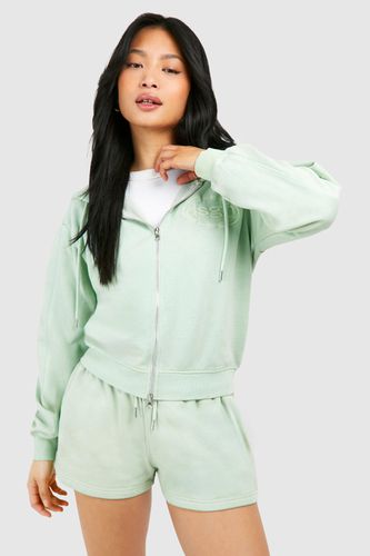 Womens Petite Dsgn Embroidered Hoodie Washed Short Tracksuit - - L - boohoo - Modalova