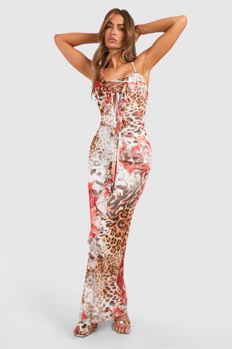 Womens Leopard Ruffle Mesh Strappy Maxi Dress - - 10 - boohoo - Modalova