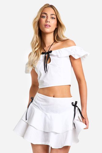 Womens Cotton Poplin Contrast Bow Tiered Mini Skirt - - 14 - boohoo - Modalova