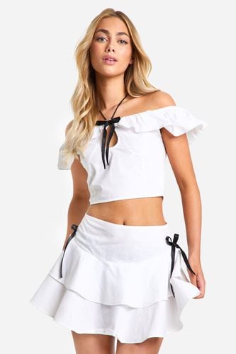 Womens Cotton Poplin Contrast Bow Tiered Mini Skirt - - 8 - boohoo - Modalova