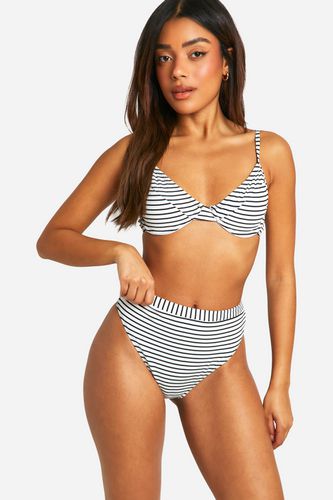 Womens Mono Stripe Rib High Waisted Bikini Brief - - 10 - boohoo - Modalova