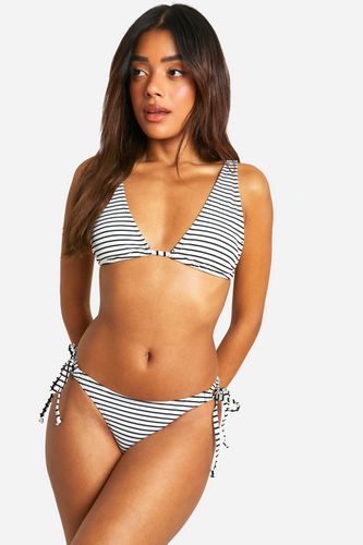 Womens Mono Stripe Rib Tie Side Bikini Brief - - 10 - boohoo - Modalova