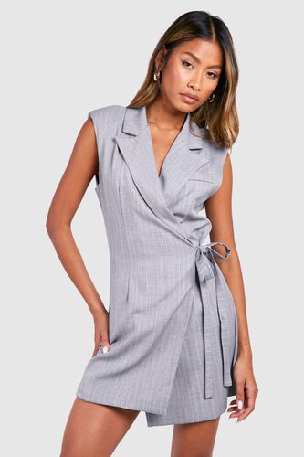 Womens Marl Pinstripe Shoulder Pad Tie Waist Blazer Dress - - 10 - boohoo - Modalova