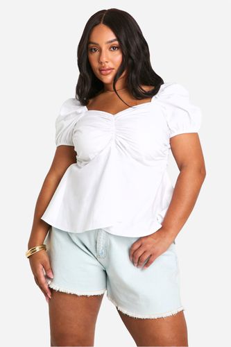 Womens Puff Sleeve Cotton Poplin Peplum Top - - 22 - boohoo - Modalova