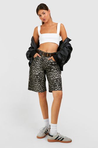 Womens Leopard Print Denim Jorts - - 14 - boohoo - Modalova