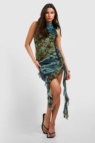 Womens Slash Neck Printed Ruffle Mesh Mini Dress - - 10 - boohoo - Modalova