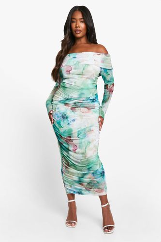 Womens Plus Mesh Large Floral Print Ruched Detail Long Sleeve Bardot Midaxi Dress - - 18 - boohoo - Modalova