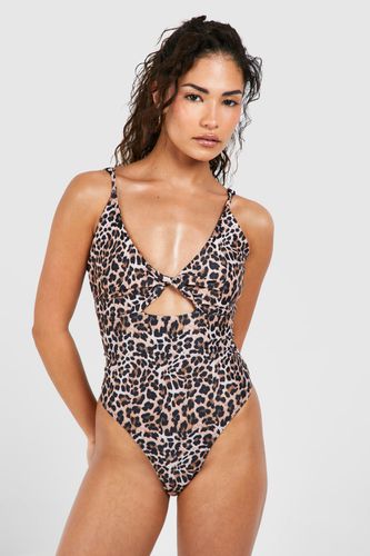 Womens Petite Tummy Control Leopard Twist Front Swimsuit - - 10 - boohoo - Modalova