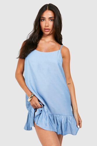 Womens Petite Chambray Strappy Ruffle Hem Swing Dress - - 10 - boohoo - Modalova