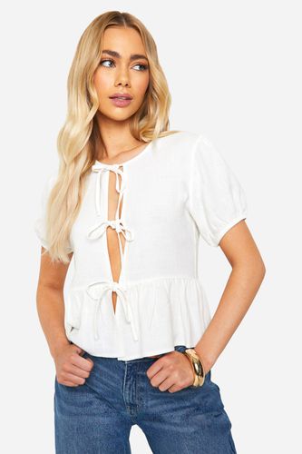 Womens Linen Bow Puff Sleeve Top - - 16 - boohoo - Modalova