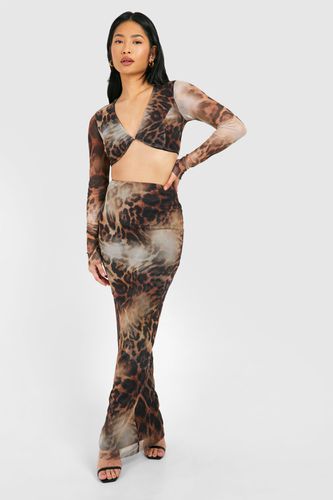 Womens Petite Leopard Mesh Bralet And Maxi Skirt - - 10 - boohoo - Modalova