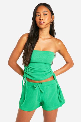 Womens Waffle Ruched Tie Side Bandeau Top And Short Set - - M - boohoo - Modalova