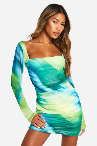 Womens Square Neck Ruched Mesh Printed Bodycon Dress - - 18 - boohoo - Modalova