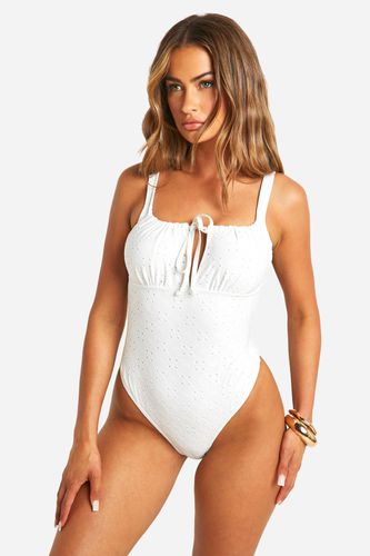 Womens Broderie Ruched Tie Swimsuit - - 14 - boohoo - Modalova