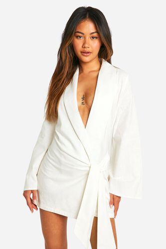 Womens Linen Wrap Shirt Dress - - 14 - boohoo - Modalova