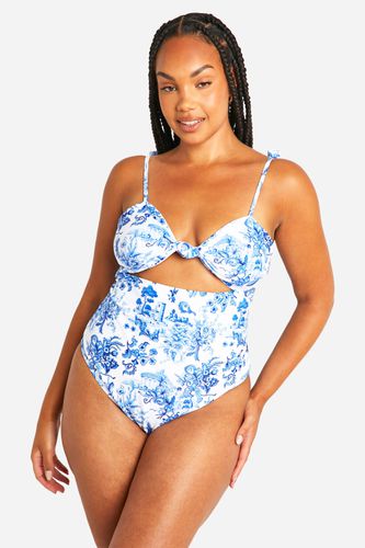 Womens Plus Porcelain Print Tie Shoulder Swimsuit - - 22 - boohoo - Modalova