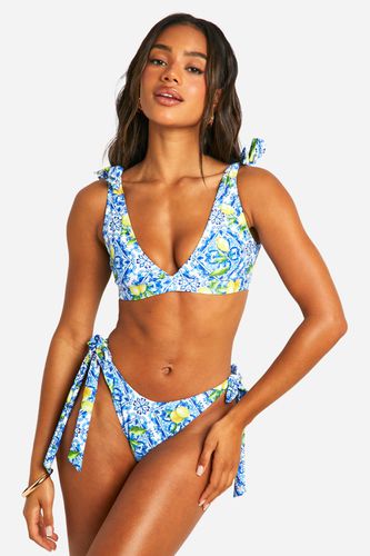 Womens Lemon Tile Print Tie Shoulder Bikini Top - - 14 - boohoo - Modalova