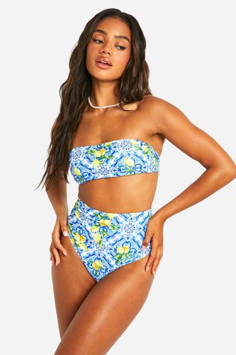 Womens Lemon Tile Print High Waisted Bikini Brief - - 12 - boohoo - Modalova