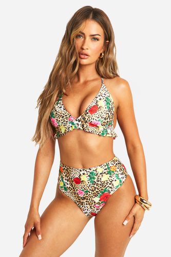 Womens Leopard Rose Ruffle High Waist Bikini Set - - 10 - boohoo - Modalova