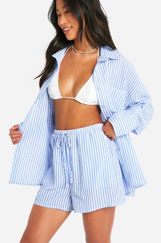 Womens Stripe Seersucker Shirt & Short Beach Co-ord - - M - boohoo - Modalova