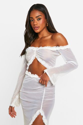 Womens Ruffle Mesh Bardot Long Sleeve Top - - 12 - boohoo - Modalova