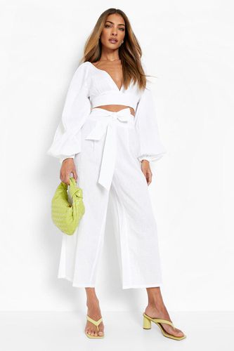 Womens Linen Look Balloon Sleeve Crop & Wide Leg Trousers - - 12 - boohoo - Modalova