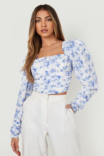 Womens Floral Volume Sleeve Corset - - 16 - boohoo - Modalova