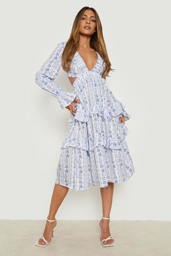 Womens Porcelain Printed Frill Detail Midi Dress - - 12 - boohoo - Modalova