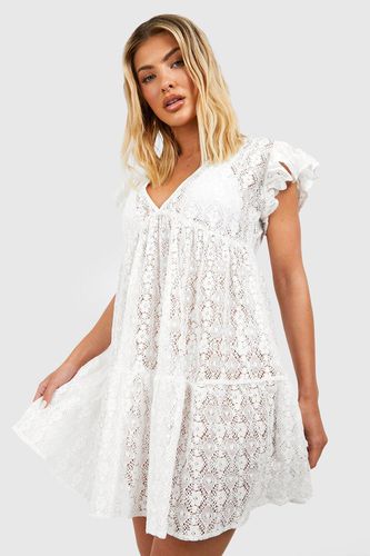 Womens Lace Ruffle Plunge Beach Mini Dress - - L - boohoo - Modalova