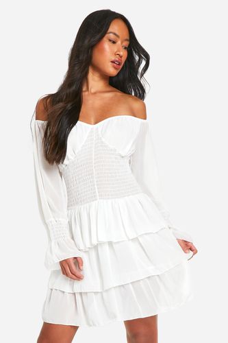 Womens Chiffon Shirred Bardot Mini Dress - - 12 - boohoo - Modalova