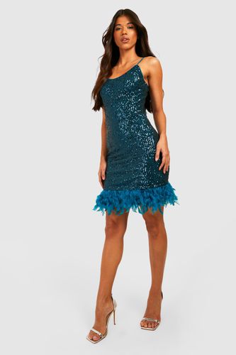Womens Tall Sequin Feather Trim Strappy Dress - - 10 - boohoo - Modalova