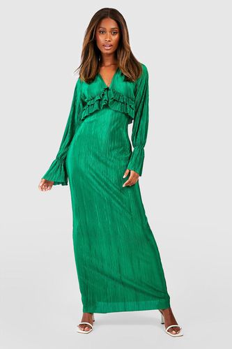 Womens Plisse Long Sleeve Ruffle Detail Maxi Dress - - 12 - boohoo - Modalova