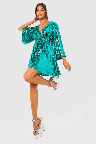 Womens Sequin Wide Sleeve Wrap Party Dress - - 10 - boohoo - Modalova