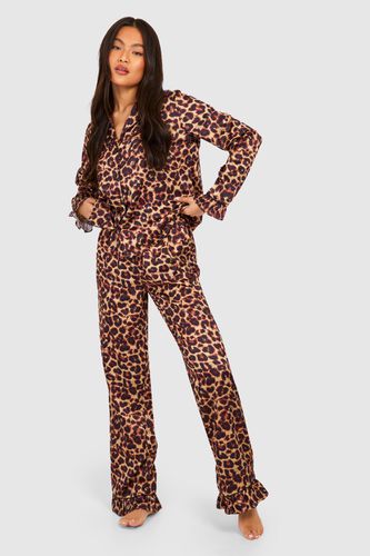 Womens Premium Satin Leopard Frill Pyjama Trouser Set - - 12 - boohoo - Modalova