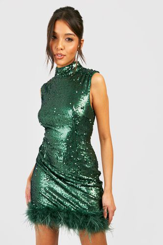 Womens Sequin High Neck Feather Detail Party Dress - - 18 - boohoo - Modalova