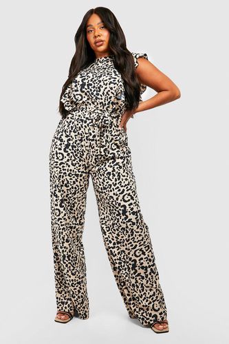 Womens Plus Leopard Ruffle Wide Leg Jumpsuit - - 16 - boohoo - Modalova