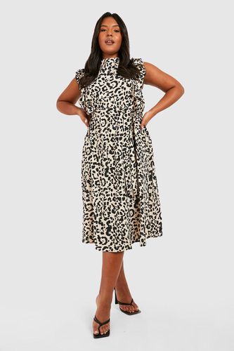 Womens Plus Leopard Ruffle Midi Dress - - 16 - boohoo - Modalova
