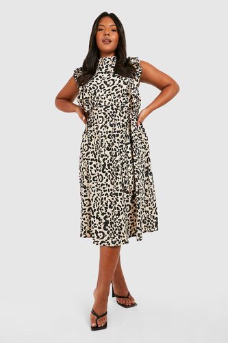 Womens Plus Leopard Ruffle Midi Dress - - 28 - boohoo - Modalova