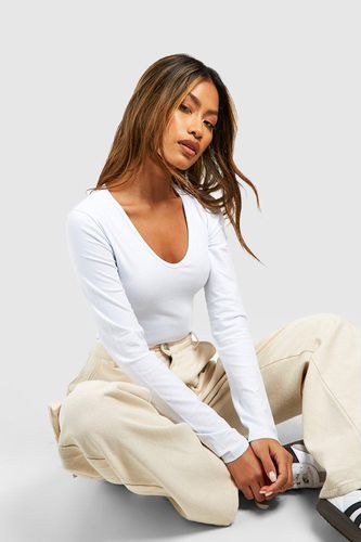 Womens Long Sleeve V Neck Cotton Blend Bodysuit - - 8 - boohoo - Modalova