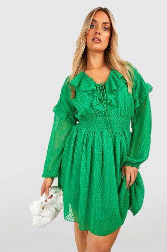 Womens Plus Dobby Mesh Lace Up Ruffle Skater Dress - - 16 - boohoo - Modalova