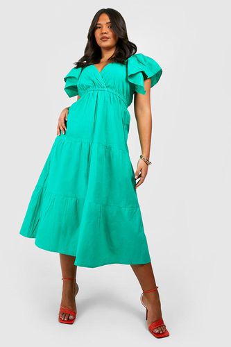 Womens Plus Cotton Poplin Ruffle Angel Sleeve Midi Dress - - 28 - boohoo - Modalova