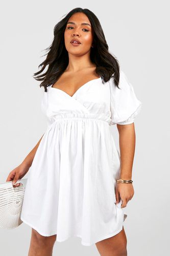 Womens Plus Poplin Puff Sleeve V Neck Smock Dress - - 18 - boohoo - Modalova