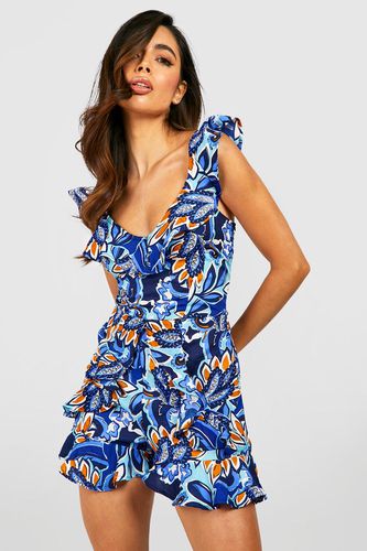 Womens Floral Plunge Neck Ruffle Playsuit - - 16 - boohoo - Modalova