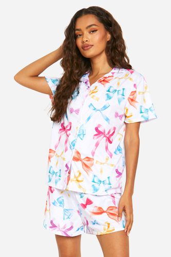 Womens Bow Print Pyjama Shirt And Short Set - - 16 - boohoo - Modalova