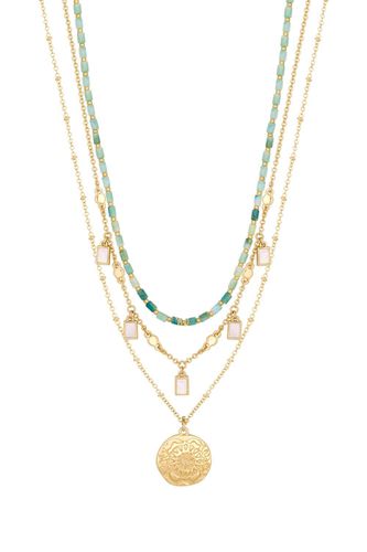 Womens Gold Blue Coastal Bead And Mother Of Pearl Charm Layered Necklaces - Pack of 3 - - One Size - Mood - Modalova